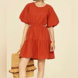 Madewell Rust Orange Seersucker Puff Sleeve Cut Out Mini Dress Coastal Boho Chic